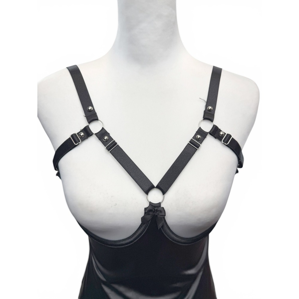 Open Bust Harness Chemise Mesh Mini Dress size XS-S Black Faux Leather Clubwear - Picture 2 of 5